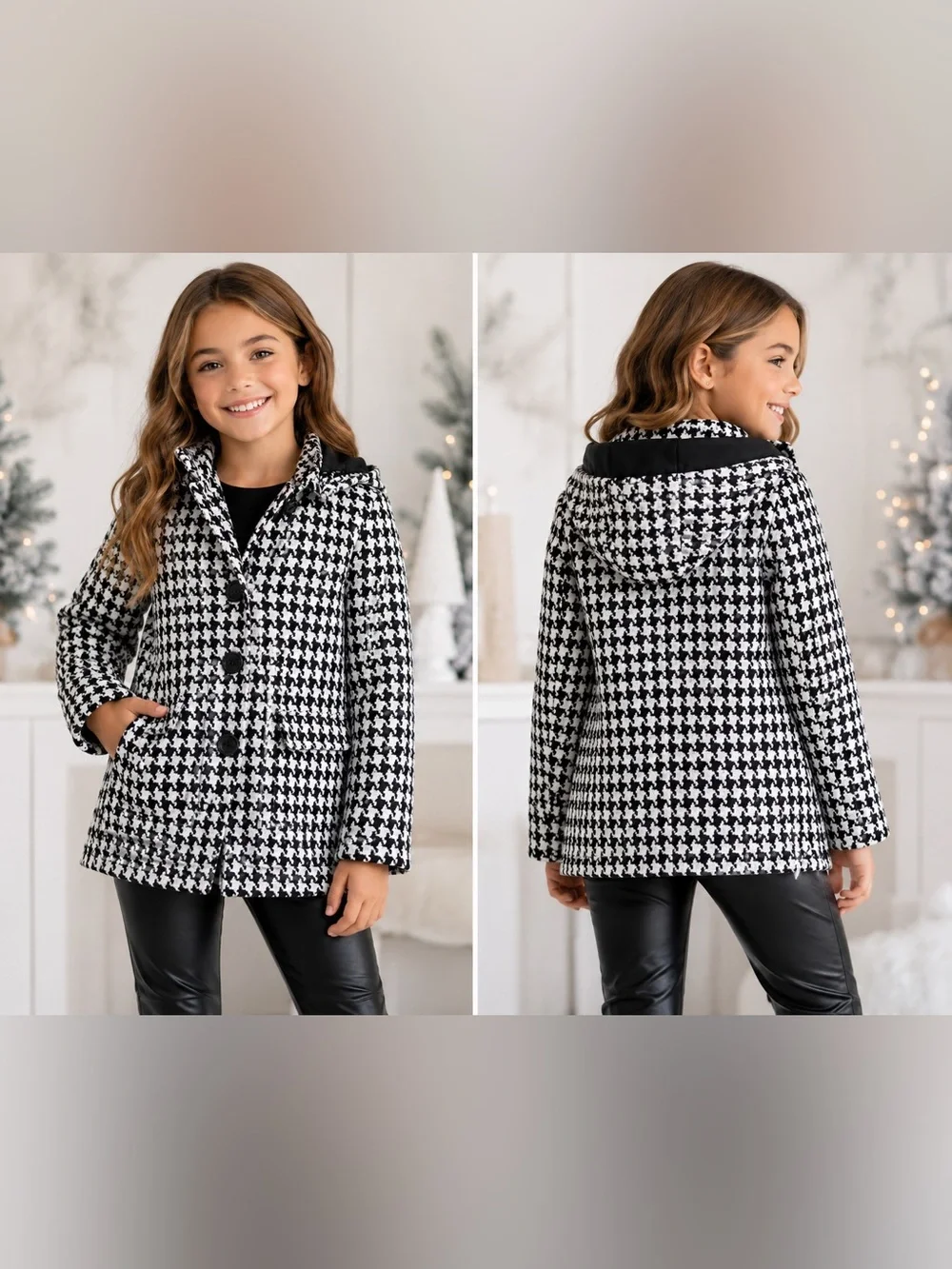 Holiday Editions Girls' Houndstooth Pea Coat - Black & White